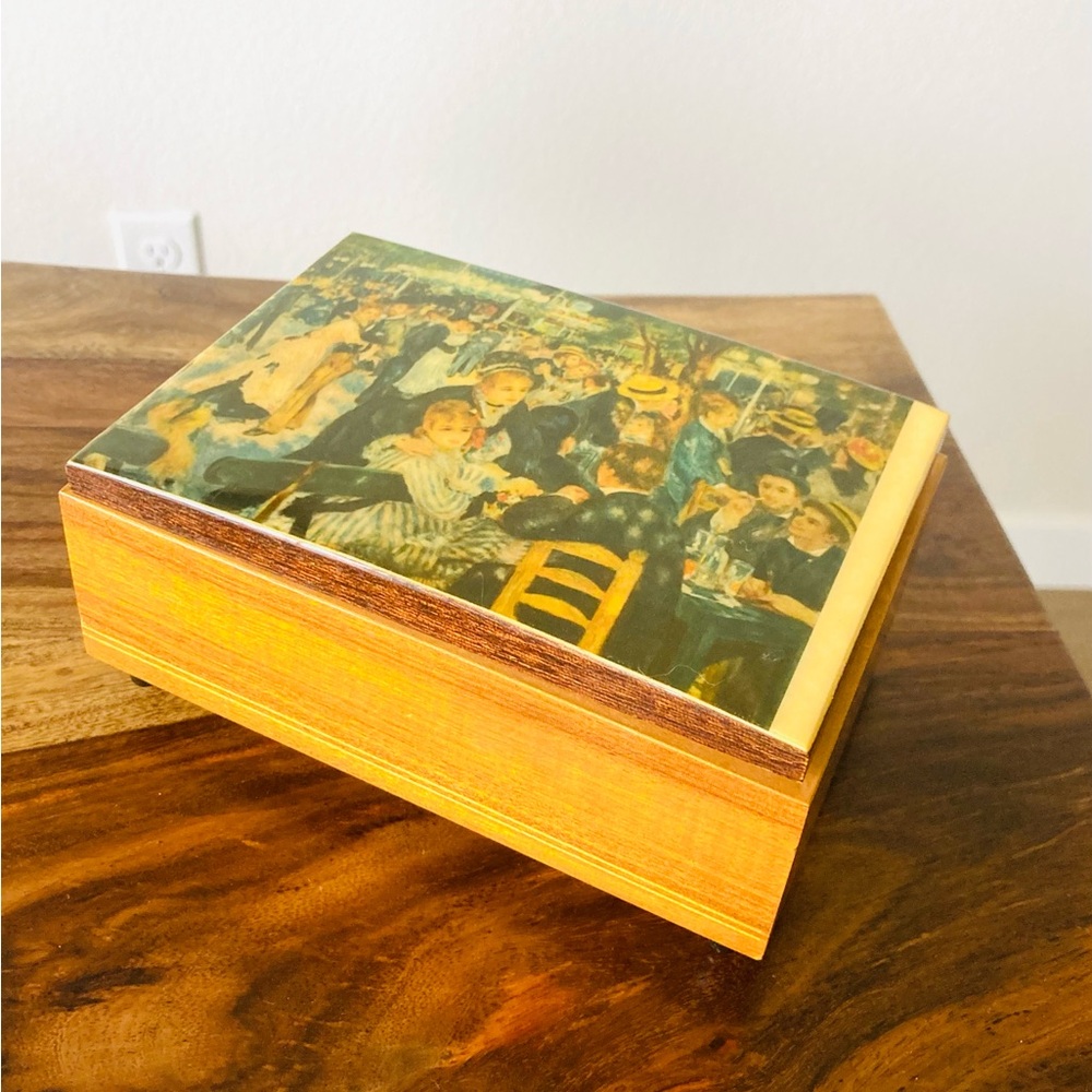 Vintage REUGE Wood Music Box Impressionist Artwork Swiss Musical Movement